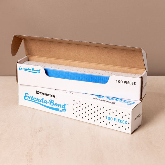 WalkerTape Extenda Bond Plus Bonding Strips With Holes | Skin-friendly Hair Patch Tape| Waterproof and Heat- Resident| Double sided and Transparent Wig Tape | Size - 1 1/2" X 12" (Blue - 100Pcs)