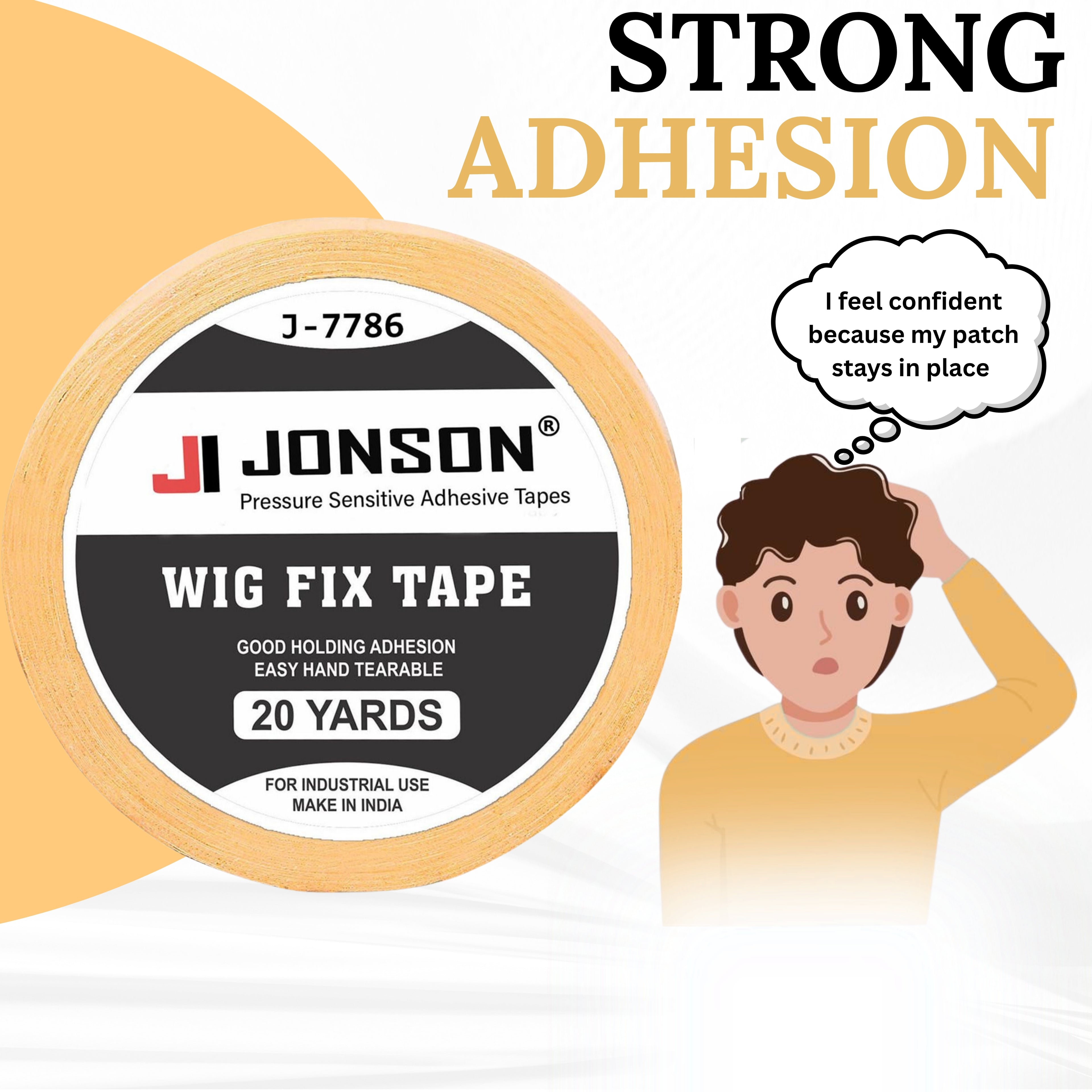Jonson Yellow Cotton Hair Patch Tape | Strong Hold 7-14 Days | Water & Sweat Resistant | Skin-Friendly | Easy to Apply & Remove | 20 Yards