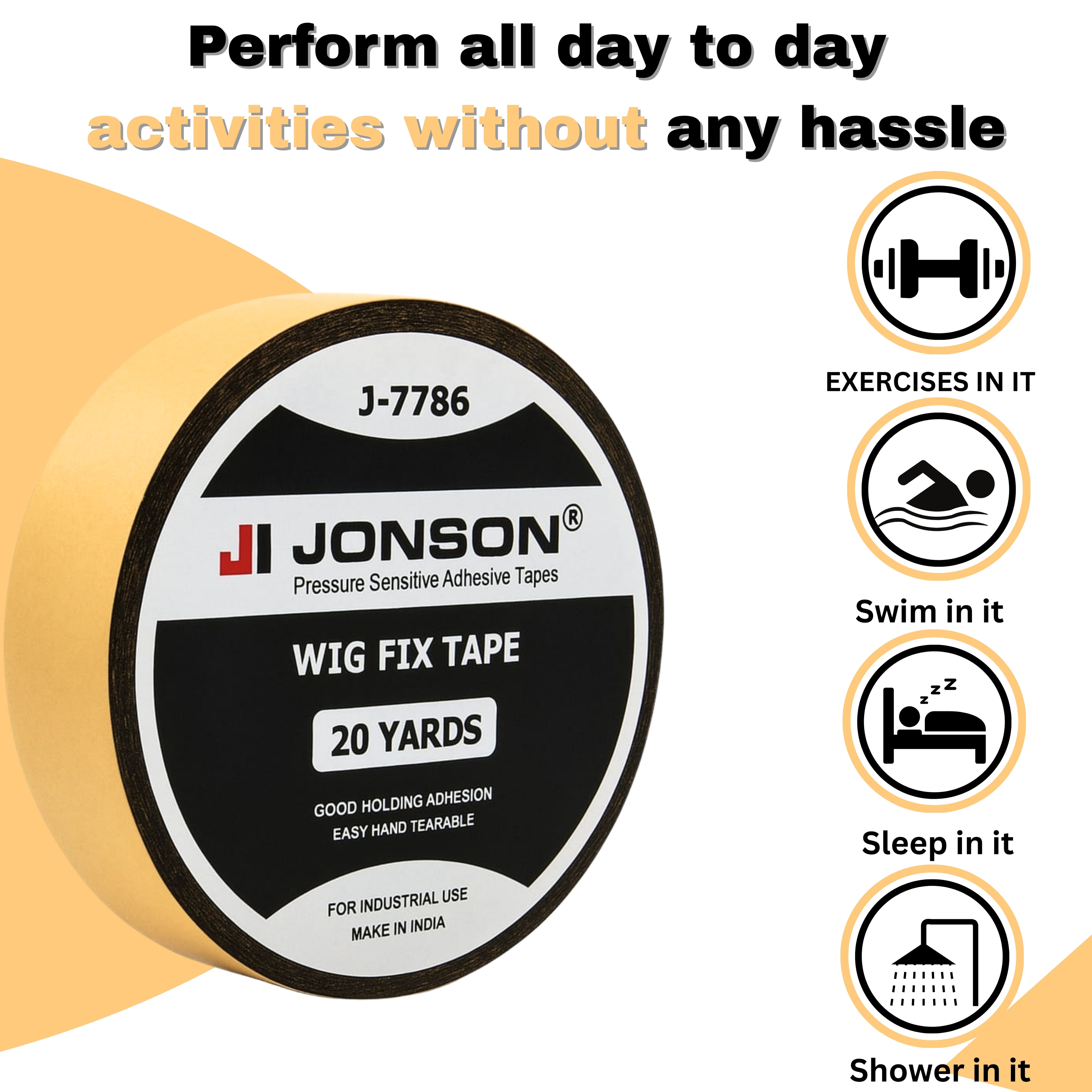 Jonson Hair Wig Fix Black Tape | Strong Hold 7-14 Days | Water & Sweat Resistant | Skin-Friendly | Easy to Apply & Remove | 20 Yards