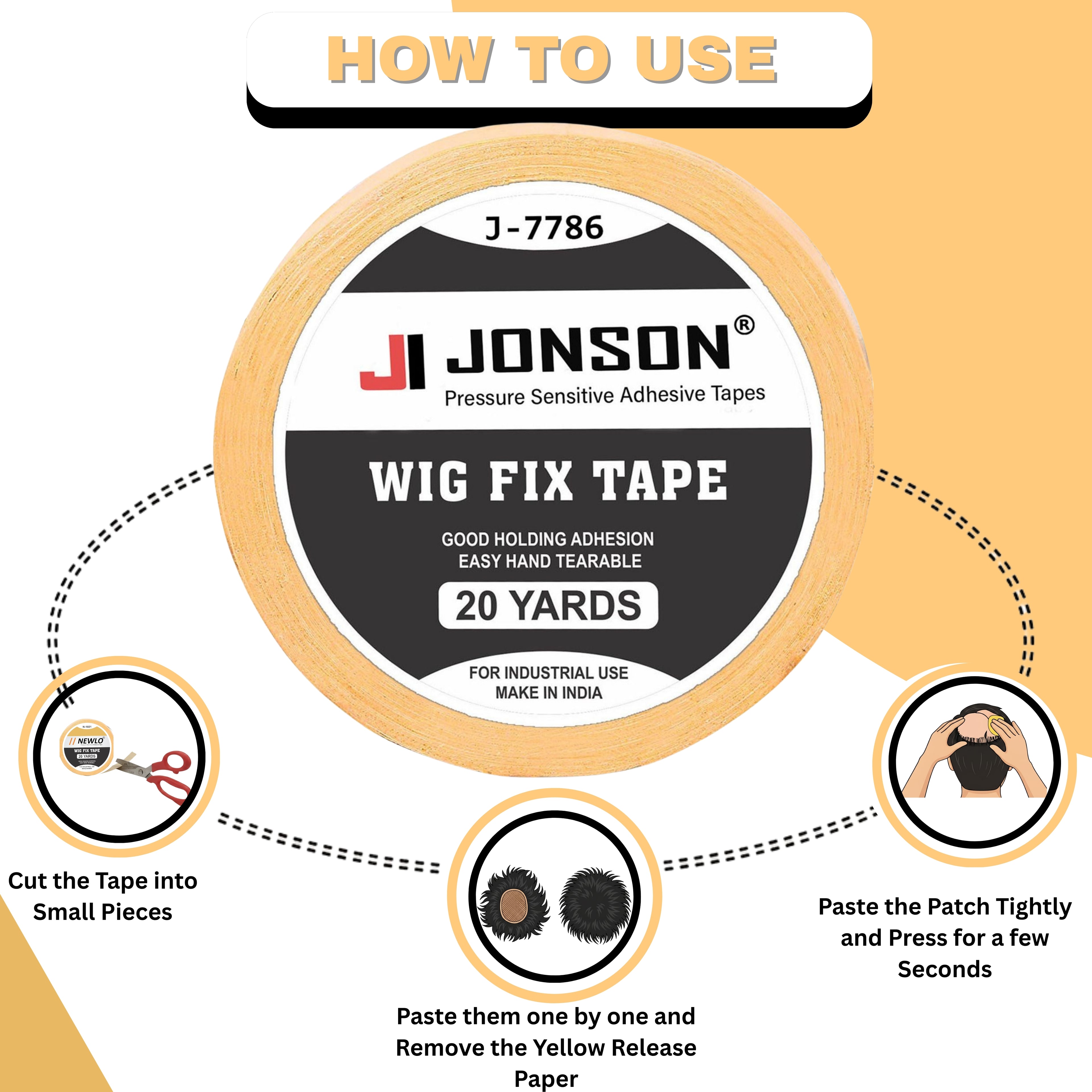 Jonson Yellow Cotton Hair Patch Tape | Strong Hold 7-14 Days | Water & Sweat Resistant | Skin-Friendly | Easy to Apply & Remove | 20 Yards