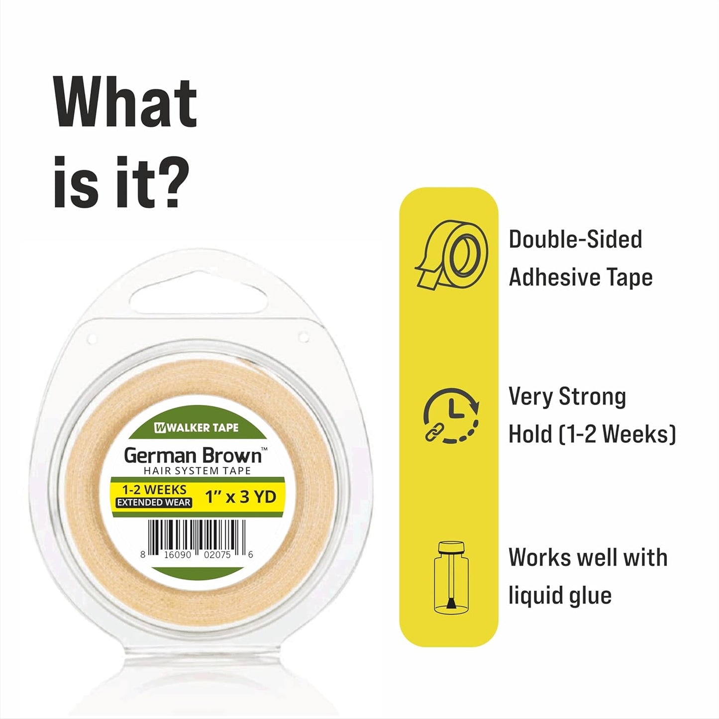 Walker Tape German Brown Wig Tape Double Sided Waterproof Hair System Adhesive | Strong Hold 2–4 Weeks | Easy Apply & Remove for Wigs, Toupees & Hair Patches (1 Inch X 3 Yard)