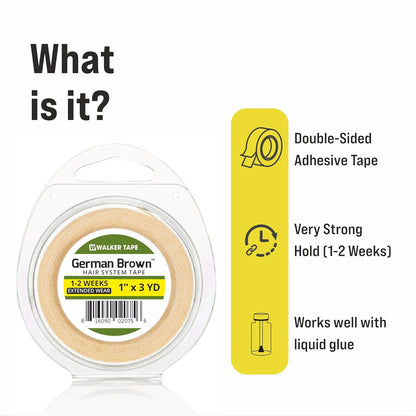 Walker Tape German Brown Wig Tape Double Sided Waterproof Hair System Adhesive | Strong Hold 2–4 Weeks | Easy Apply & Remove for Wigs, Toupees & Hair Patches (1 Inch X 3 Yard)