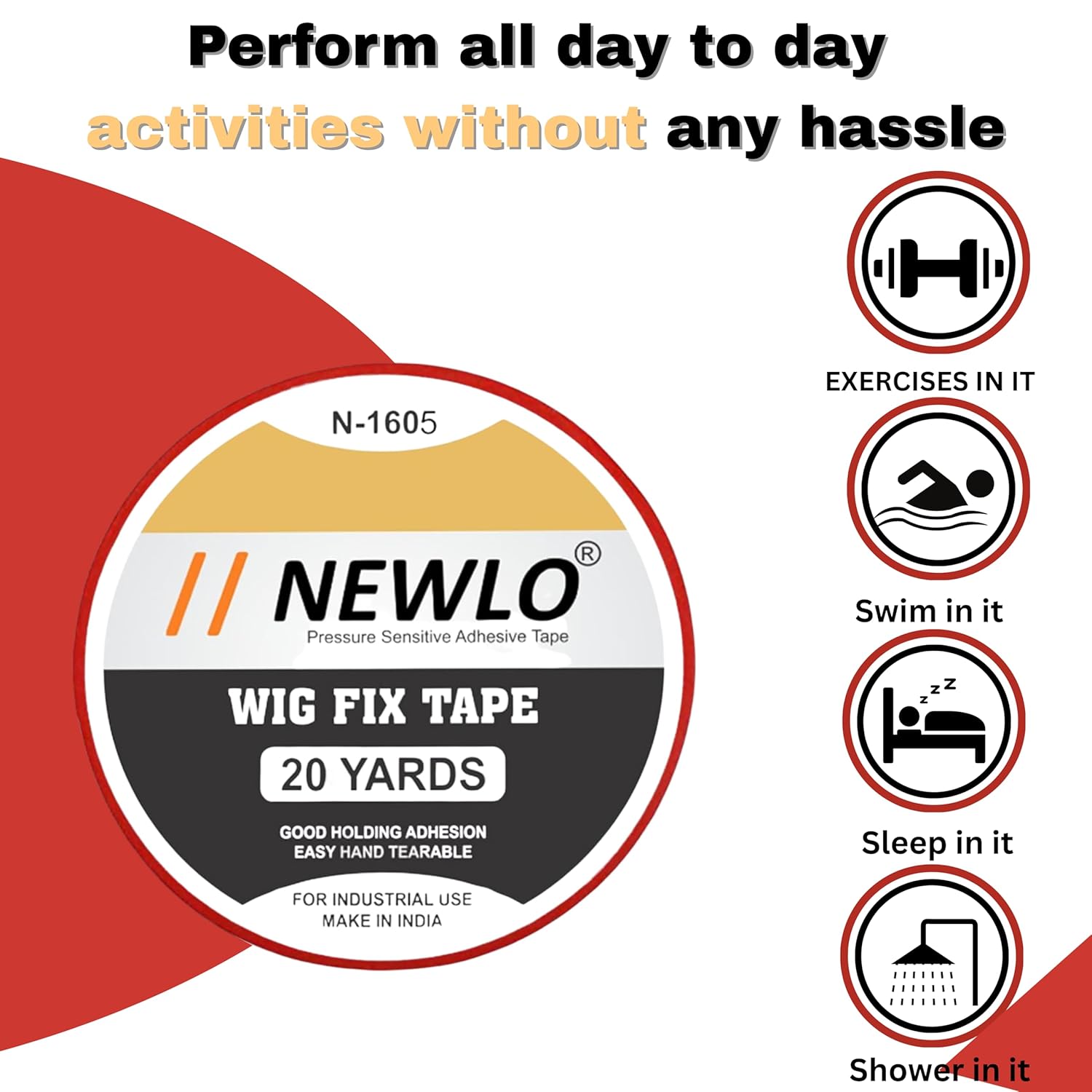 Newlo Wig Fix Red Tape 20 Yards | Strong Adhesion | Easy Application | Non-Shiny Finish | Sensi Tek | Waterproof | Double Sided |