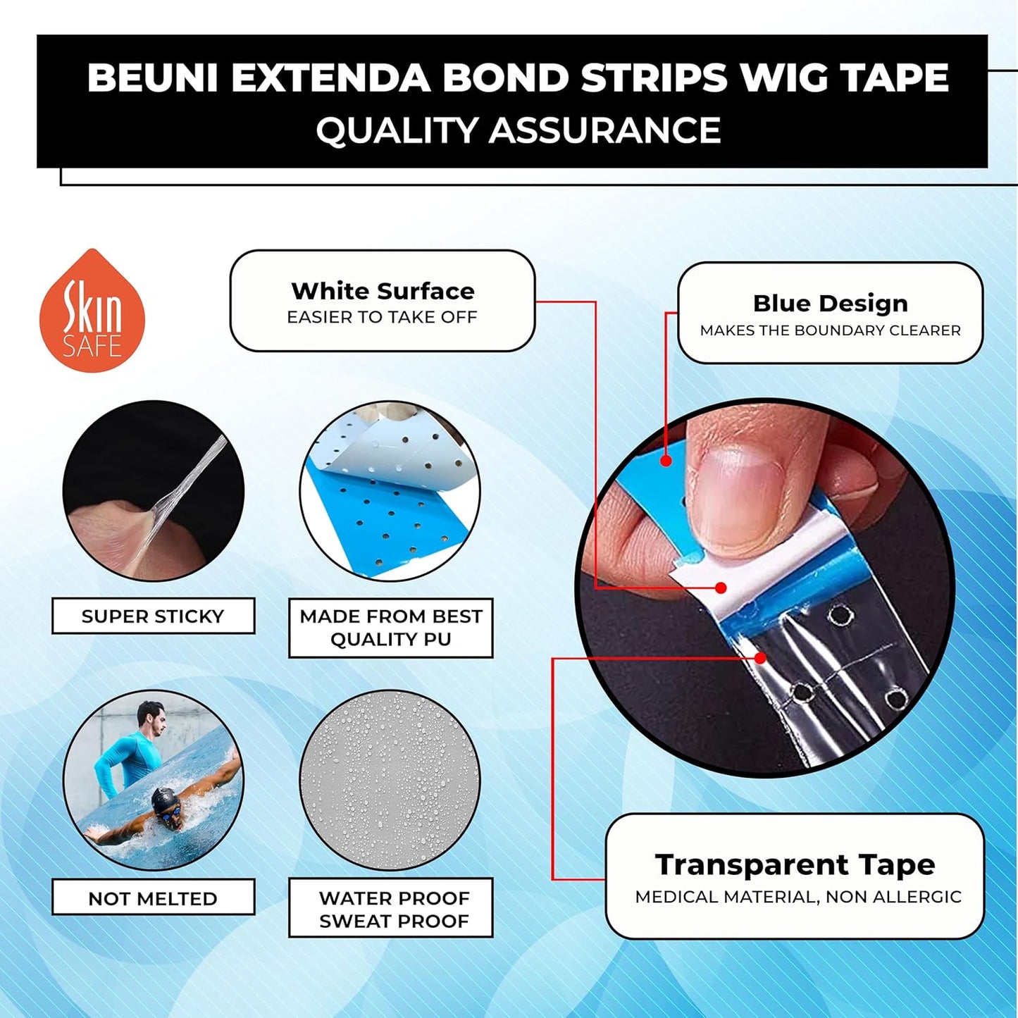 WalkerTape Extenda Bond Plus Bonding Strips With Holes | Skin-friendly Hair Patch Tape| Waterproof and Heat- Resident| Double sided and Transparent Wig Tape | Size - 1 1/2" X 12" (Blue - 100Pcs)