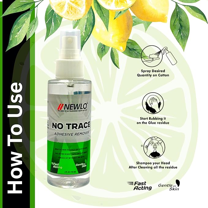 Newlo No Trace Adhesive Remover For Hair Patch & Wigs| Fast-Acting| Citrus Flavour| Great Cleaner| 4 oz. (118 ml)